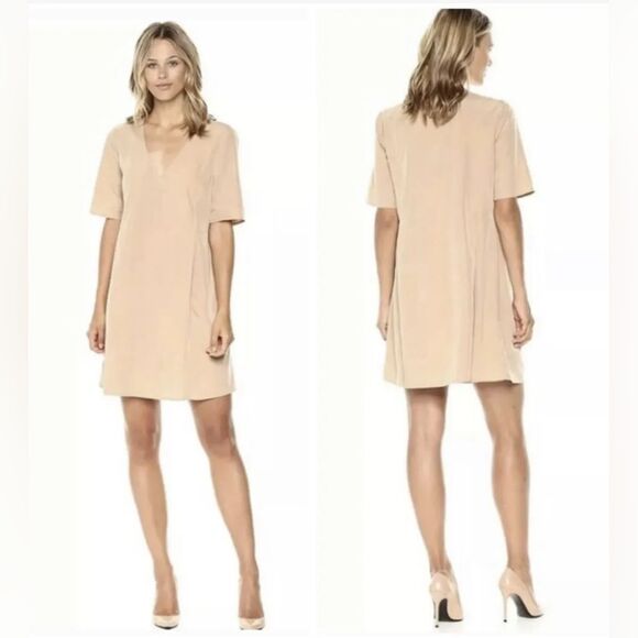 🍑BCBGMaxazria Tan Short Sleeve Vneck Dress Medium - Picture 1 of 7